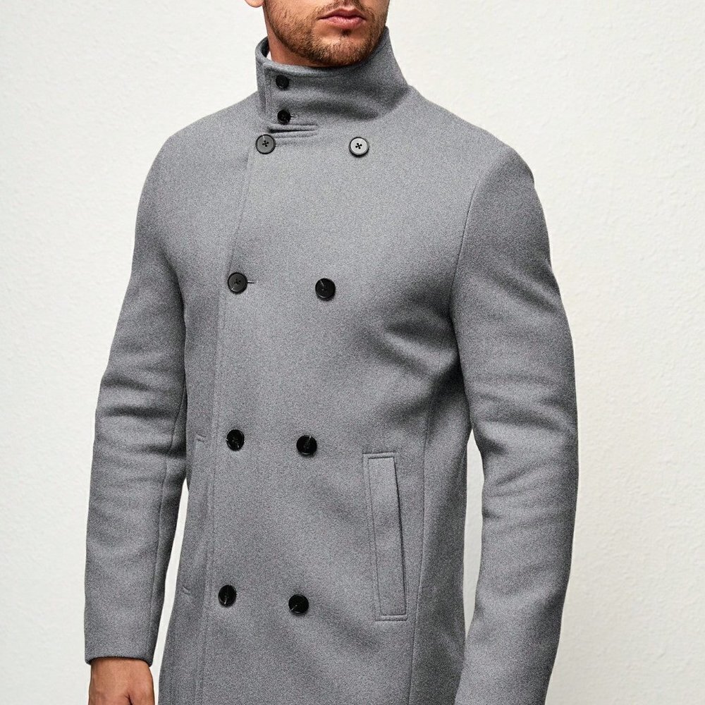 Grey Preppy Mens Double Breasted Slant Pocket Overcoat - Picture 2 of 5